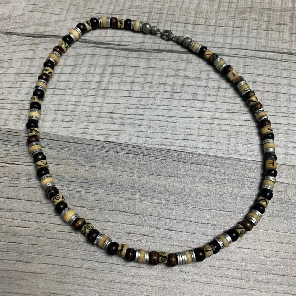 Mens Wood Bone Silver Tone Beaded Choker Necklace 16 Inch Earthy Surf Style